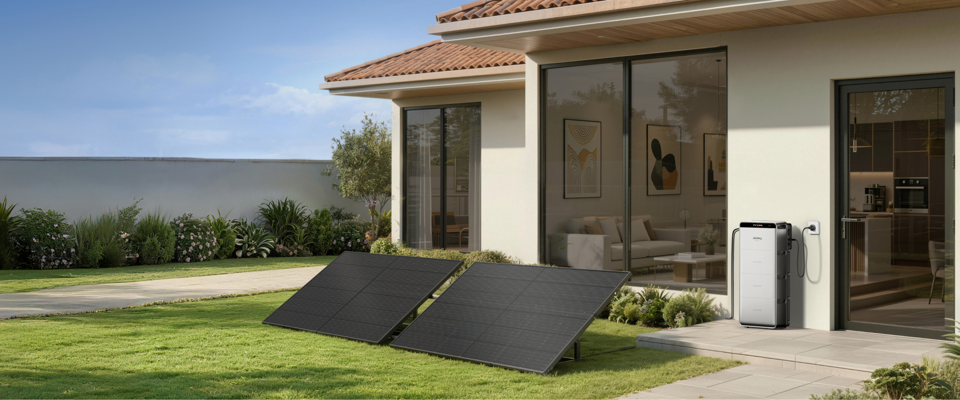 Jackery SolarVault 3 batterie solaire est branché sur une prise de la véranda, ses ports MPPT étant reliés à des panneaux photovoltaïques situés respectivement dans le jardin et sur le toit.