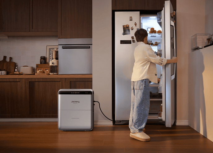 Jackery SolarVault 3 batterie solaire est branché sur une prise du salon